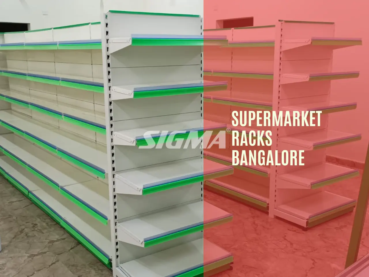 Green color display racks for supermarket in Bangalore.webp